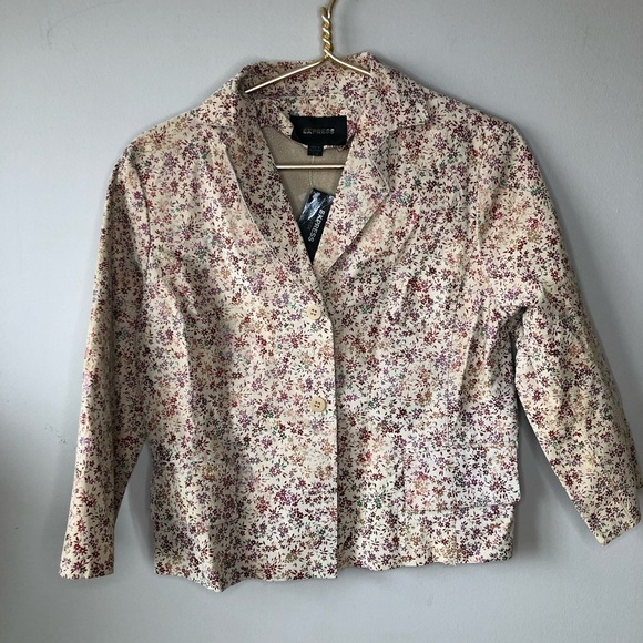 Jackets & Blazers - NWT Vintage Tan Suede Leather Boxy Jacket Ditzy Floral Print 7/8